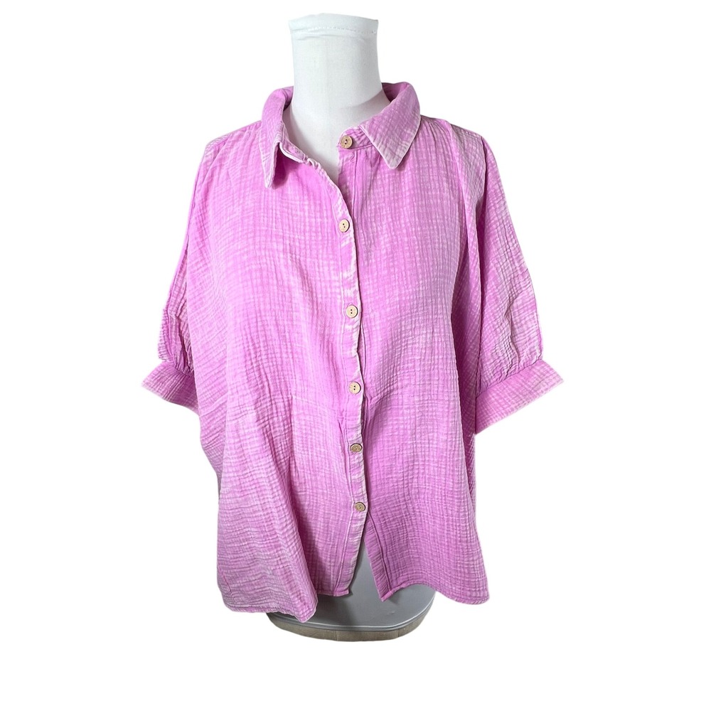 Pink Double Gauze Oversized‎ Button Down Shirt Boxy Half Sleeve Grid Womens S/M